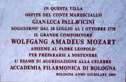Inscrizione all'interno della Villa Pallavicini dove soggiornò Mozart nel 1770